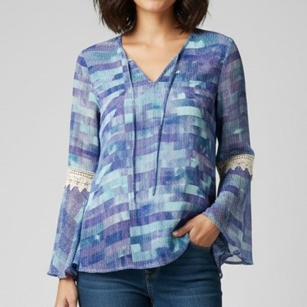 Como Vintage‎ Sheer Blouse Purple Blue Stripe Lace Trim Bell Sleeve Top Large